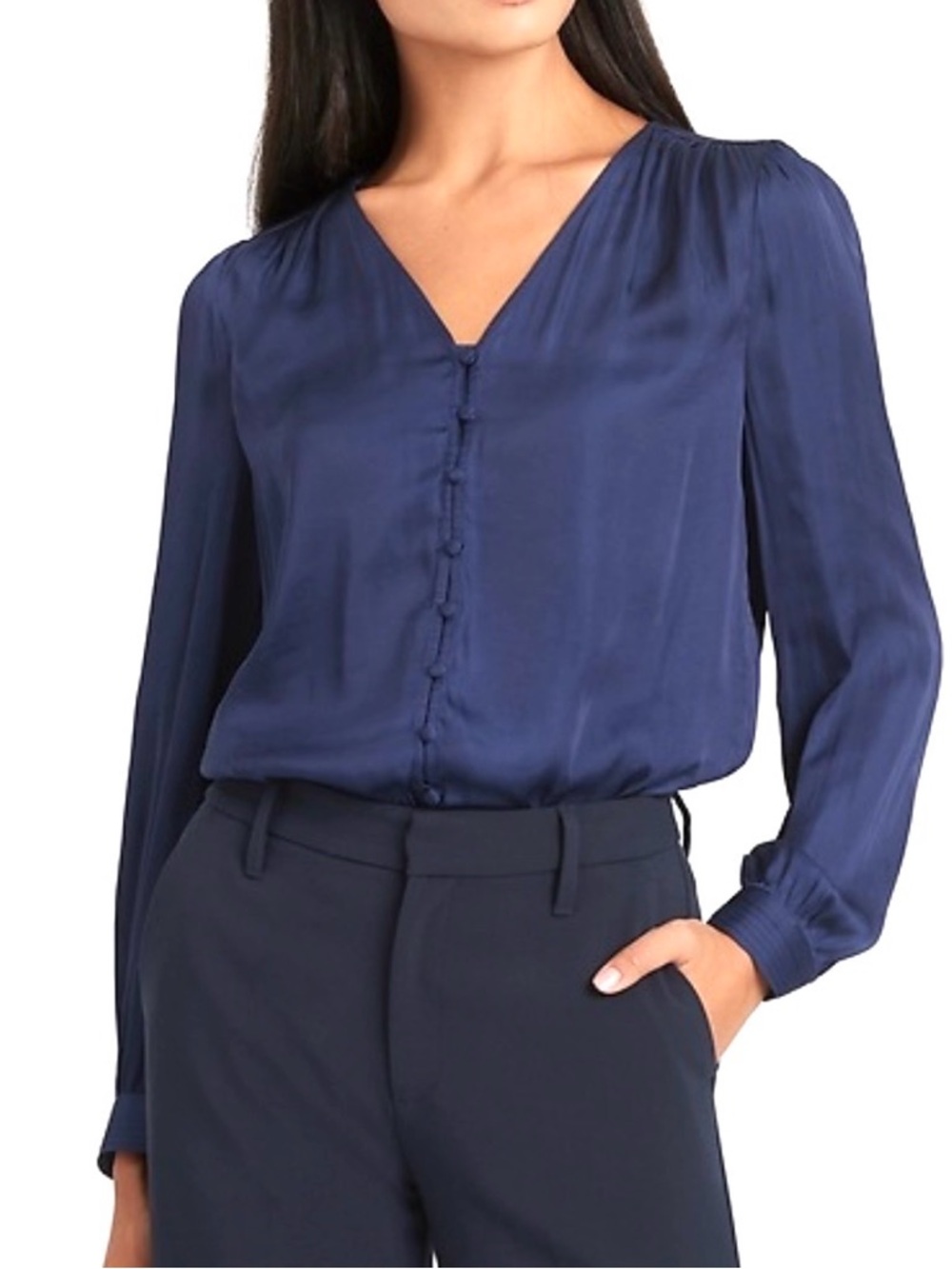 Banana Republic Navy Silk V-Neck Button-Front Blouse